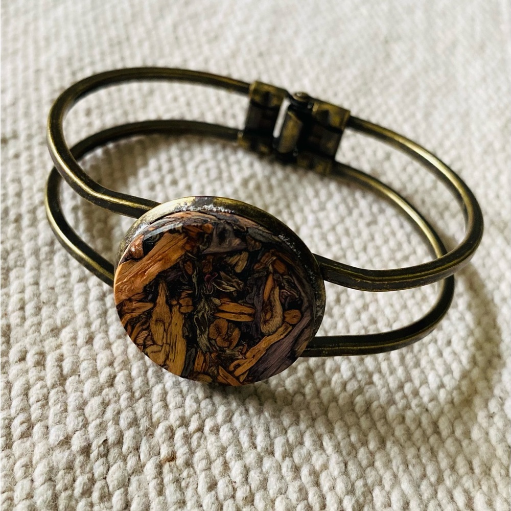 Hinged Cuff Bracelet with Wood Cabochon